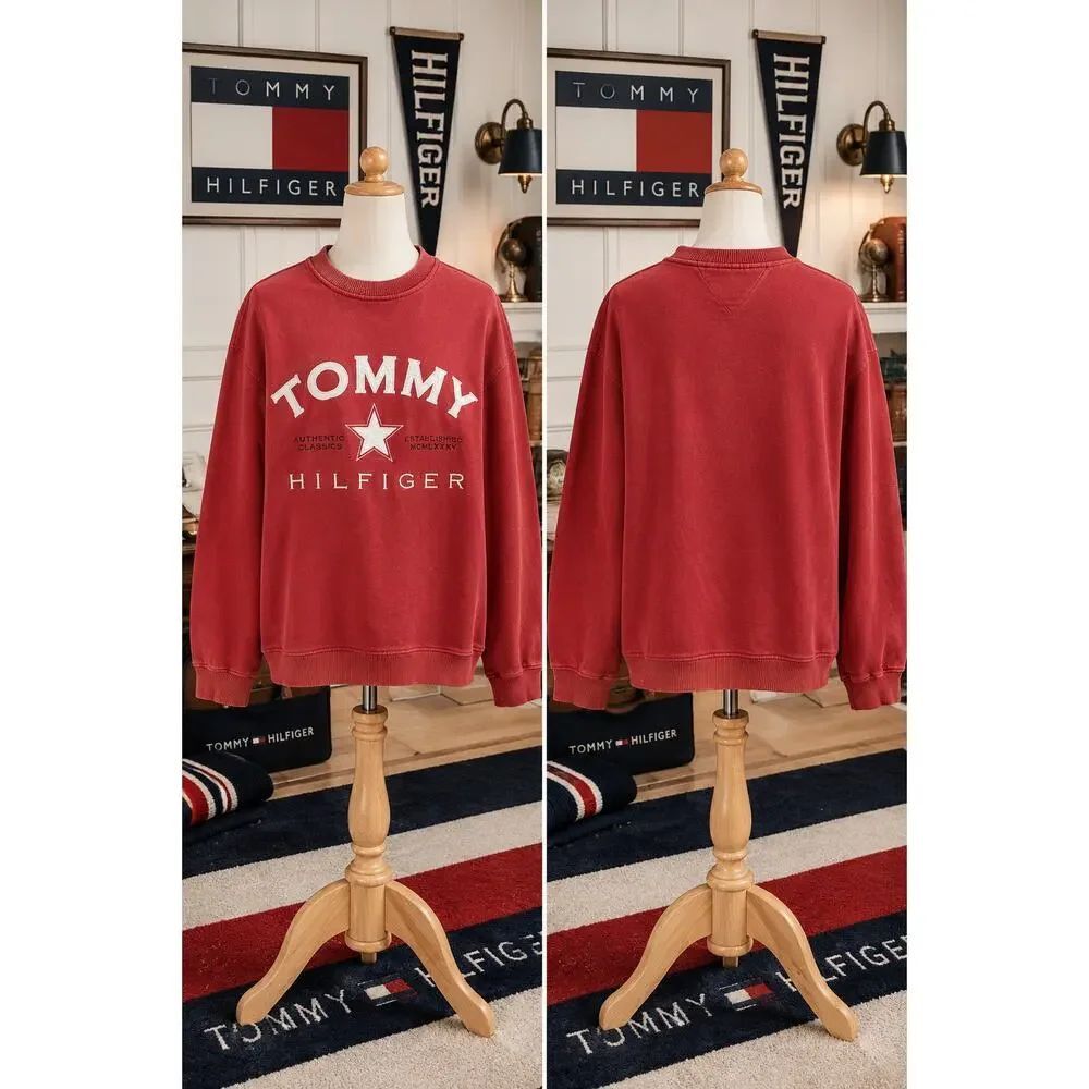 Vintage Tommy Hilfiger Spellout Crewneck Sweatshirt Red Large